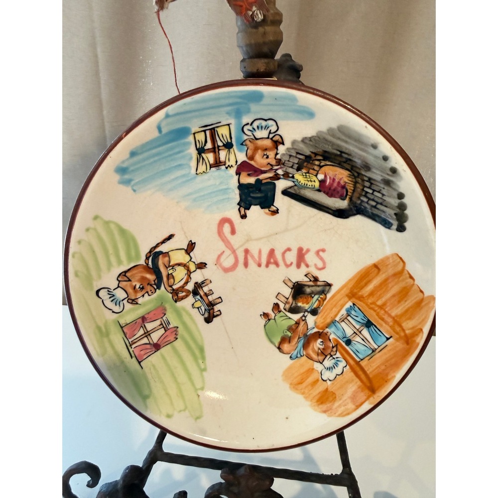 Vintage Hand Painted Three Little Pigs Chef Ceramic Snack Plate with Handle - Picture 2 of 10